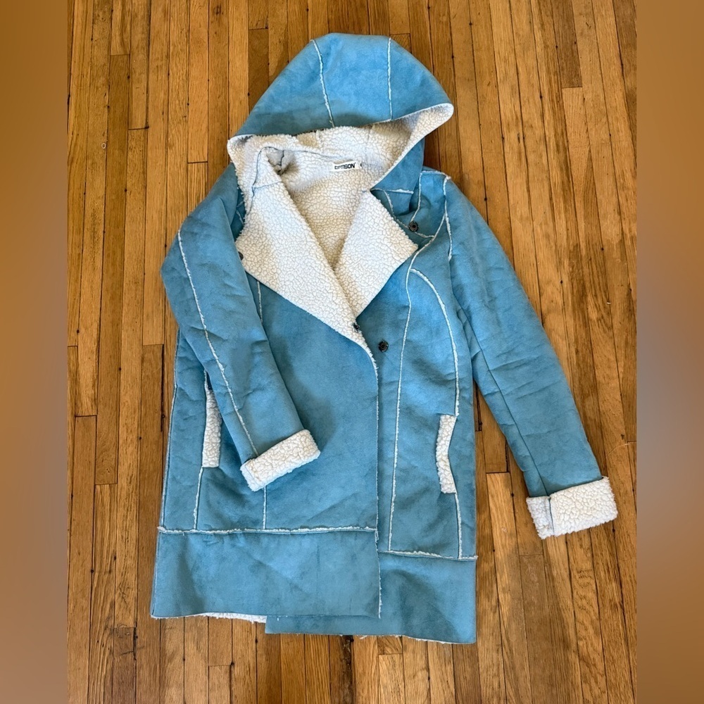 Blue Teal Teddy Jacket Penny Lane Coat Sherpa lined faux suede with hood | S